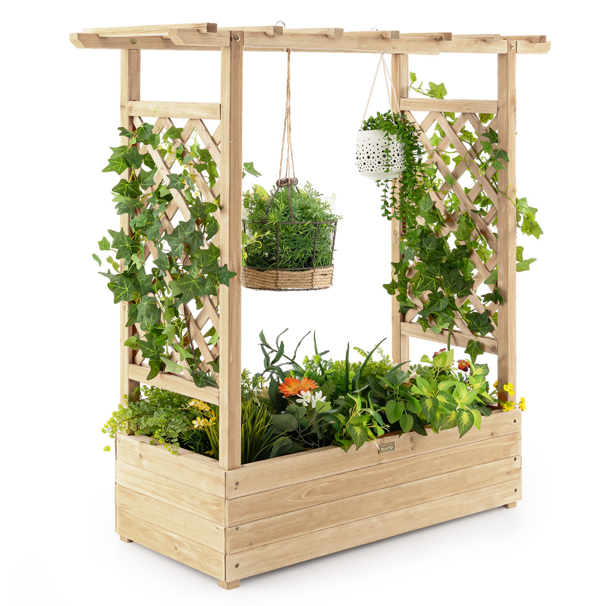Jardinera Elevado con Enrejado Arqueado de Plantas Techo Colgante Macetero Orificios de Drenaje Contenedor Patio 100 x 44 x 113,5 cm Natural Costway