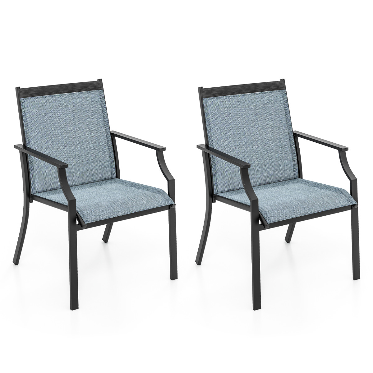 Juego de 2 Sillas de Comedor para Patio Porche con Asiento Transpirable Estructura de Metal Respaldo Alto y Apoyabrazos Ergonómicos Azul Costway