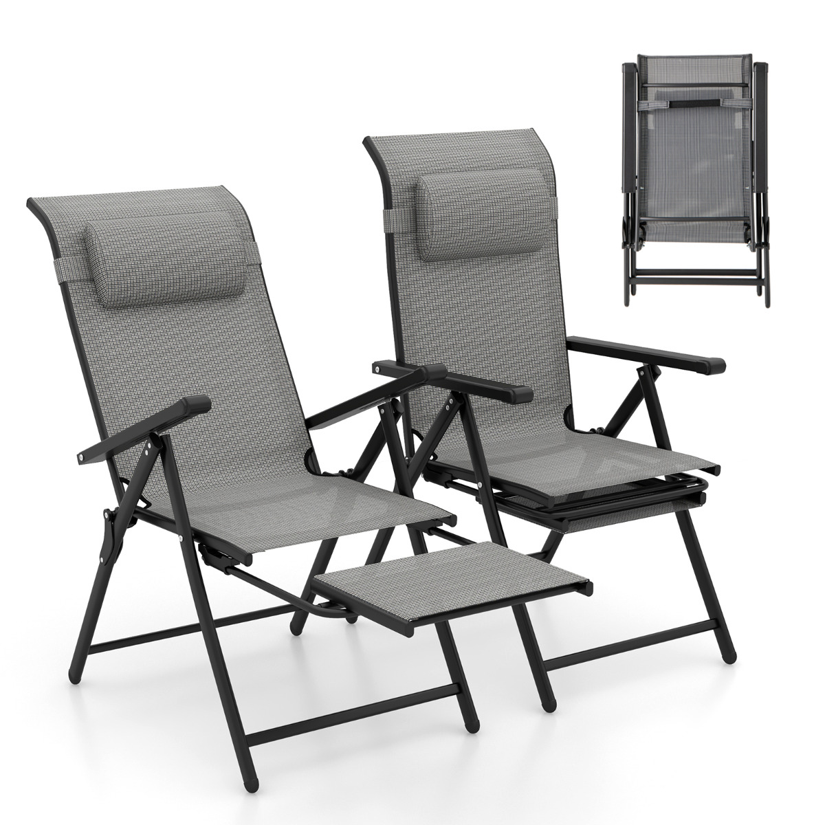 Juego de 2 Sillas de Patio Plegables Sillones con Respaldo y Reposabrazos Ajustables Reposapiés Retráctiles 150 kg para Piscina Playa Gris Costway
