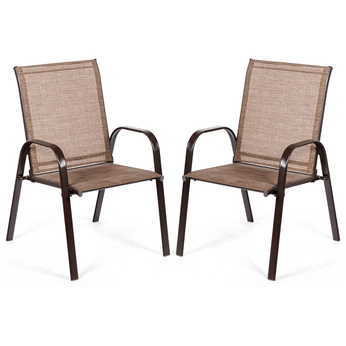 Costway Juego de 2 Sillas de Comedor con Reposabrazos Curvos Tela Fácil de Secar Marco de Metal Reforzado Asiento Ancho para Piscina Bronce