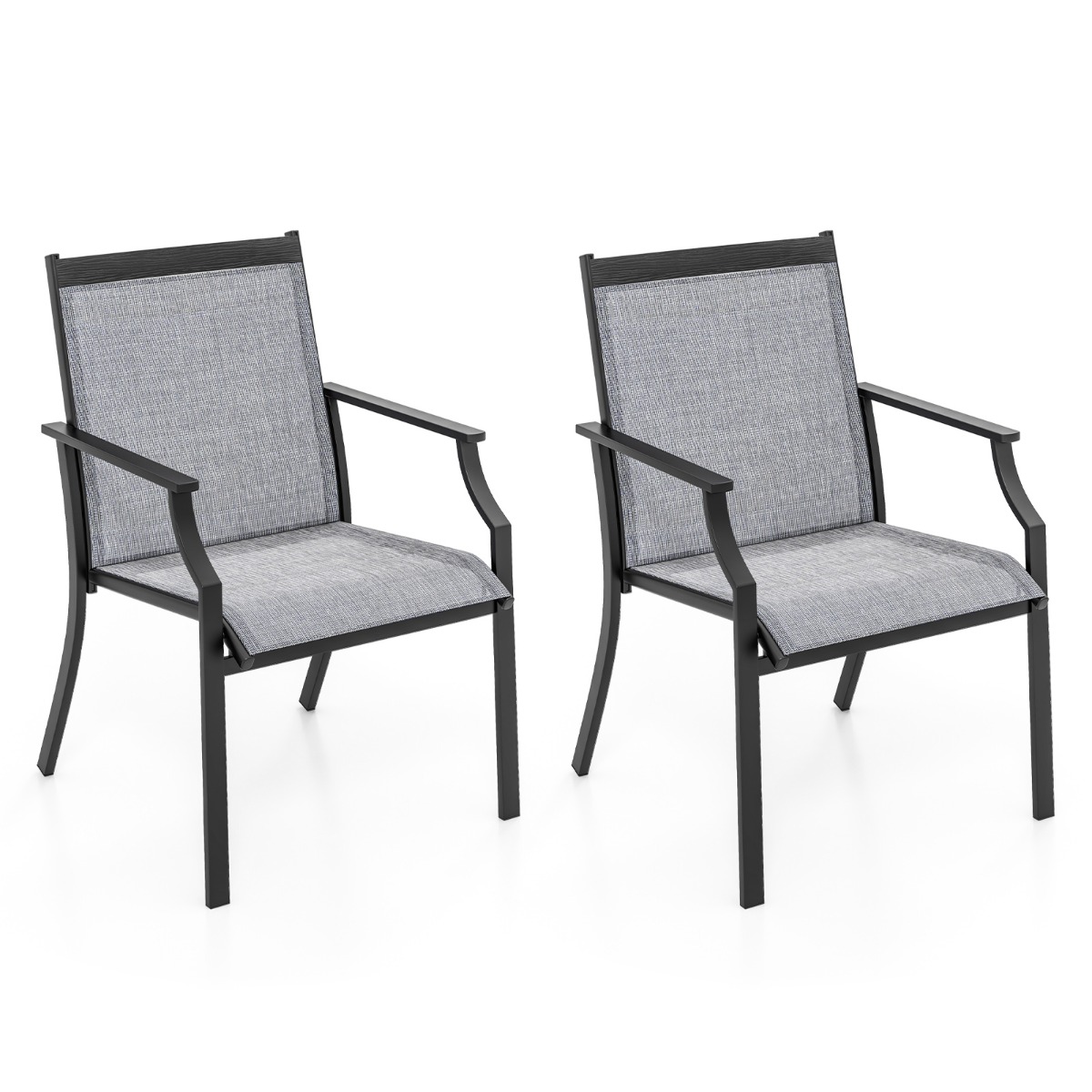 Juego de 2 Sillas de Comedor para Patio Porche con Asiento Transpirable Estructura de Metal Respaldo Alto y Apoyabrazos Ergonómicos Gris Costway