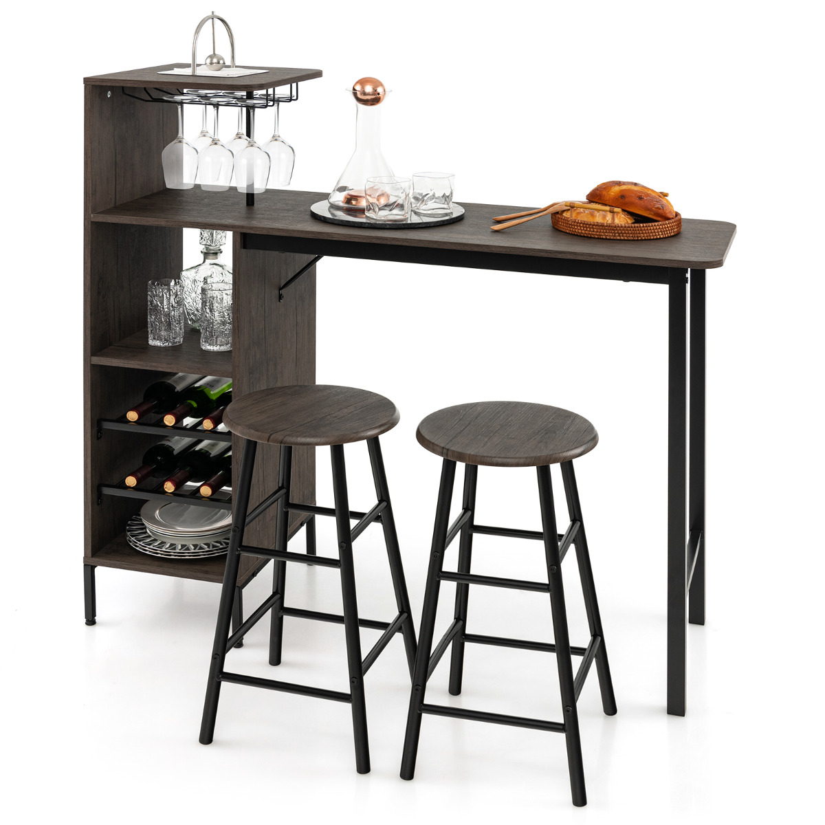 Juego de 3 Piezas Mesa y Sillas de Bar Mesa y Taburetes Industriales con Soportes para Copas Estantes para Comedor Cocina Marrón Costway