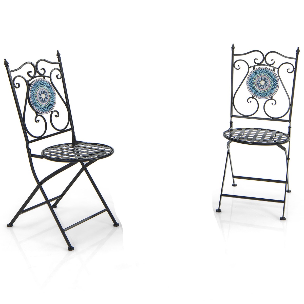 Juego de Bistró Mesa Redonda y 2 Sillas Plegables con Patrón de Mosaico Marco de Metal Resistente para Interiores y Exteriores-Silla-Azul Costway