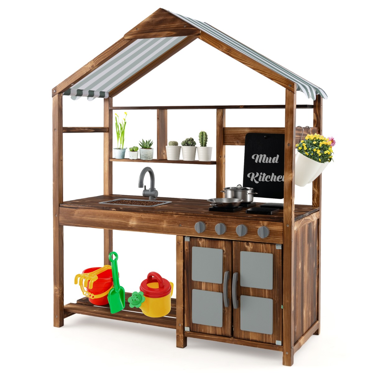 Costway Juego de Cocina de Barro de Madera para Niños de 3-7 Años con Dosel Grifo Giratorio Fregadero Extraíble Perillas Realistas Natural