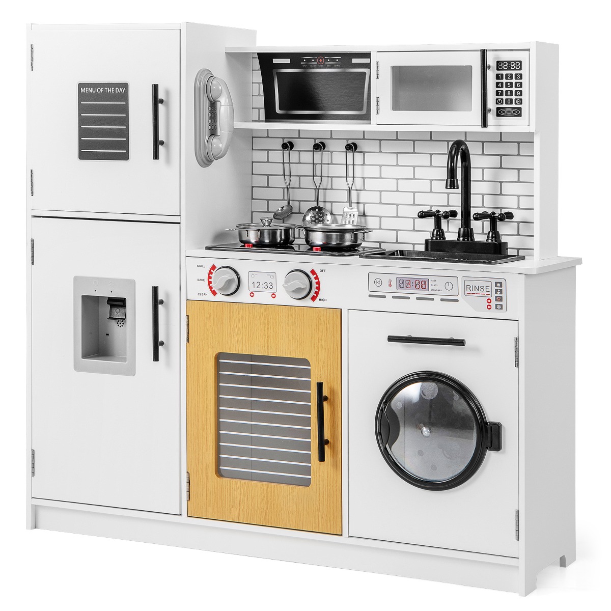 Juguete de Cocina para Niños con Horno Lavadora Microondas Dispensador Sonidos y Luces Juguete Simbólico de Chef para Niños 3+ Años Blanco Costway