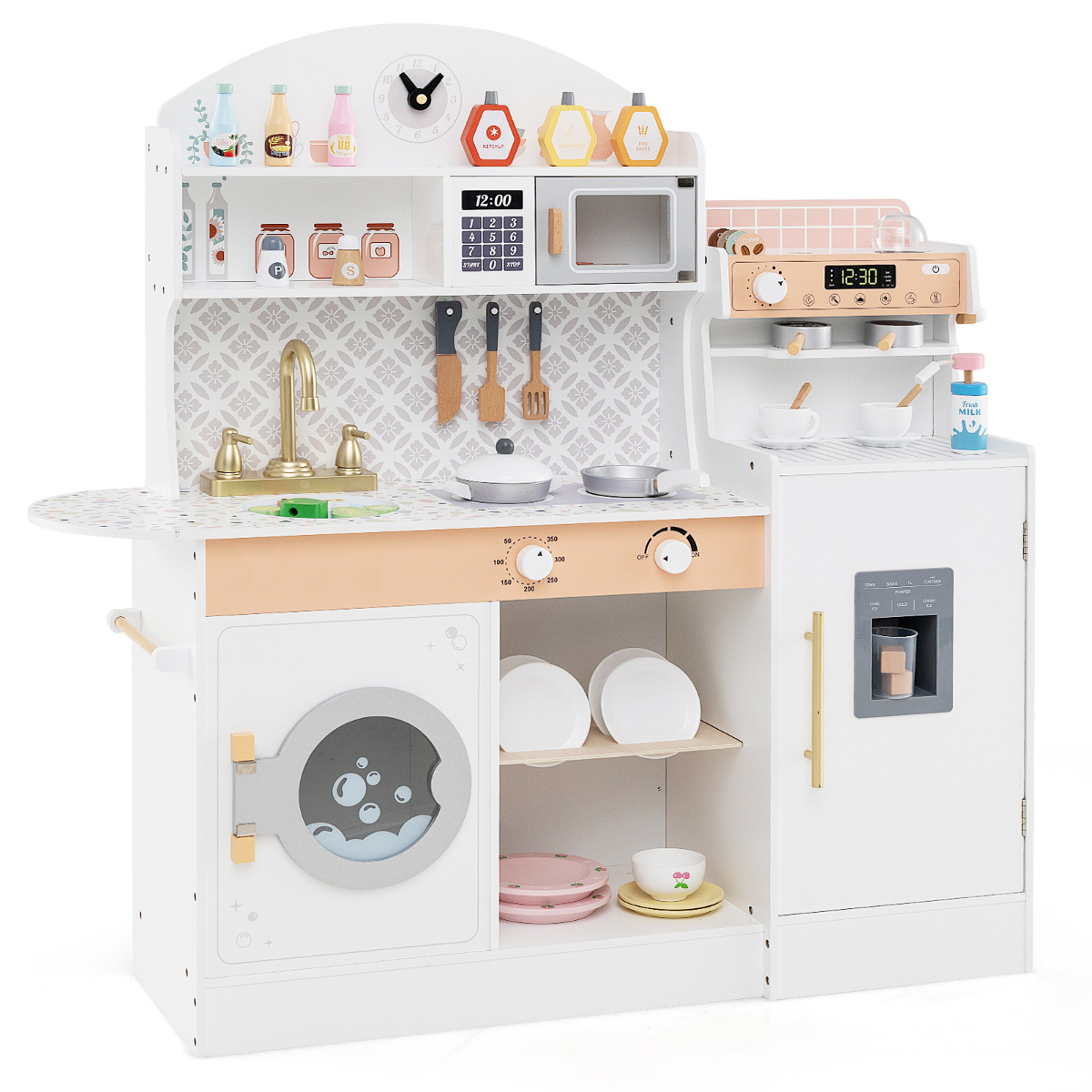Juego de Cocina para Niños Set de Cocina de Madera con Reloj Microondas Fregadero Lavadora Fabricadores de Hielo y Café Accesorios Blanco Costway