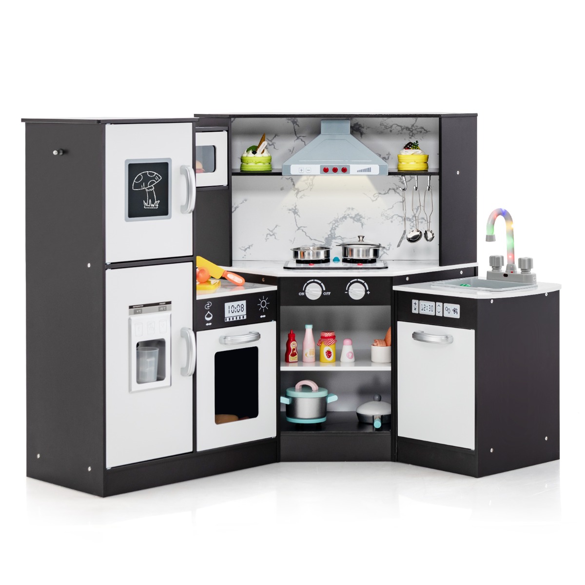 Juego de Cocina de Esquina de Madera con Lavabo Separado Sonidos y Luces Divertidos para Niños 3+ Años-Café Costway