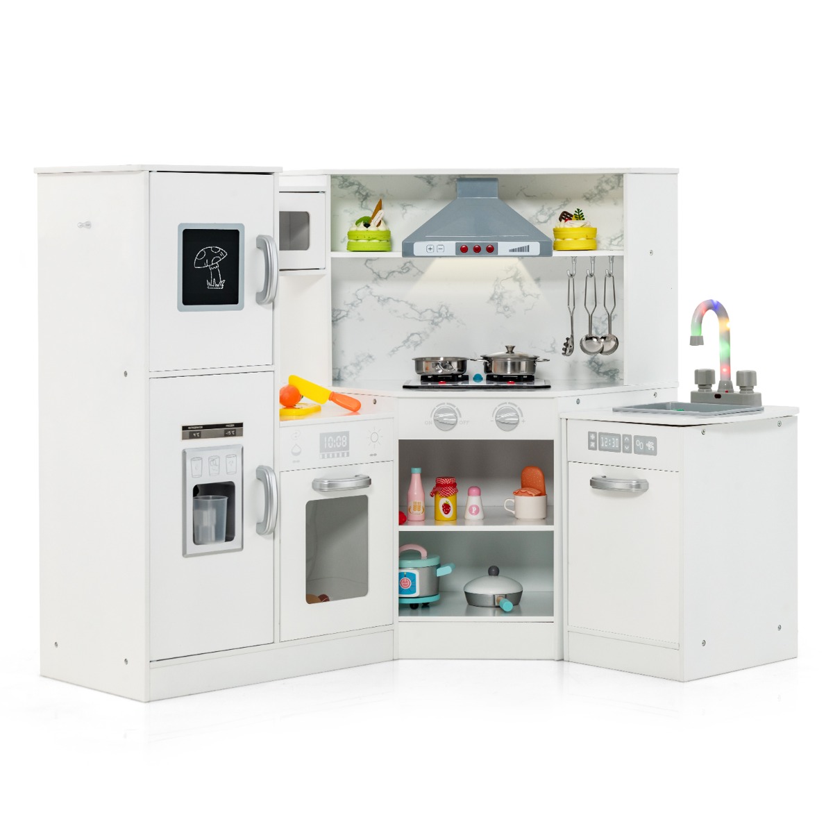 Juego de Cocina de Esquina de Madera con Lavabo Separado Sonidos y Luces Divertidos para Niños 3+ Años-Blanco Costway