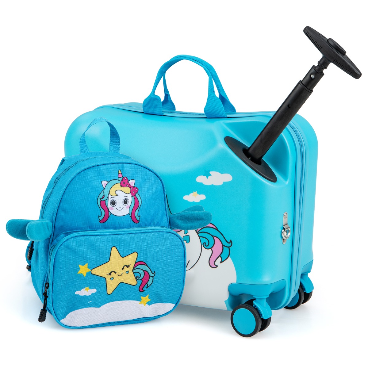 Juego de Equipaje para Niños de 2 Piezas Maleta Montable y Mochila con Ruedas Cáscara Dura Impermeable Rodante de Viaje Azul Costway