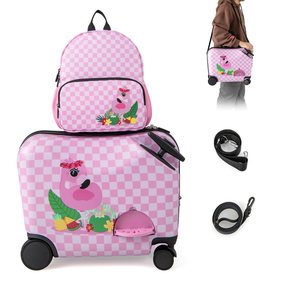 Juego de Equipaje para Niños 2 Piezas con Ruedas Giratorias Maleta 18” para Montar Llevar Mochila 12” Equipaje de Avión de Viaje Rosa Costway