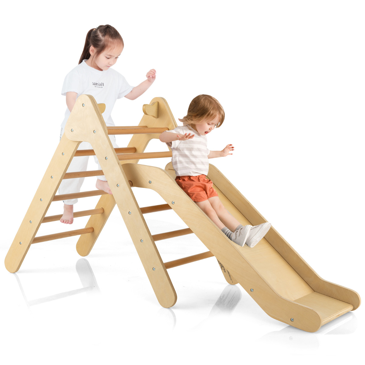Juego de Escalada Triangular 2 en 1 con Tobogán Ajustable Juguete Escalador de Madera para Interior y Exterior para Niños 1+ Año Natural Costway