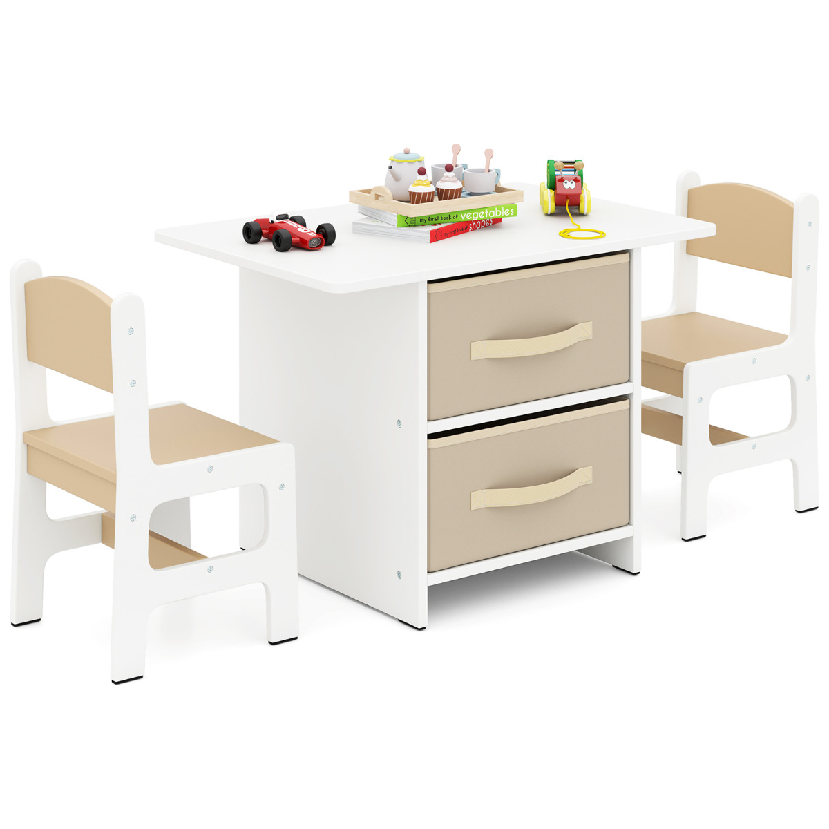 Juego de Mesa y 2 Sillas para Niños Set de Escritorio para Niños de 3 Piezas con Cestas de Almacenamiento Extraíbles Juego de Muebles Beige Costway
