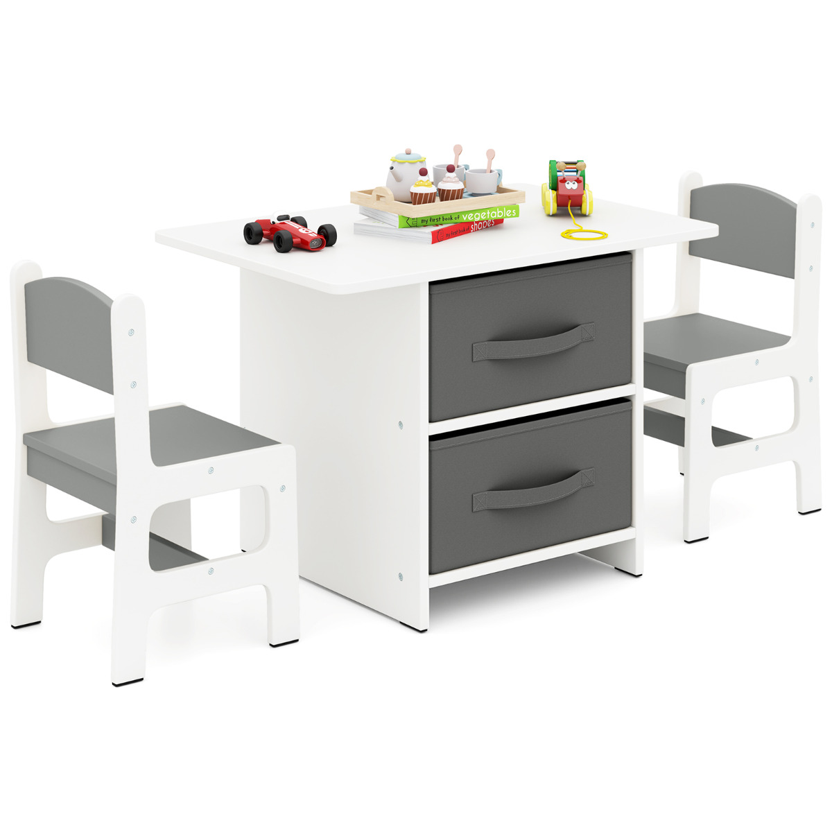 Juego de Mesa y 2 Sillas para Niños Set de Escritorio para Niños de 3 Piezas con Cestas de Almacenamiento Extraíbles Juego de Muebles Gris Costway