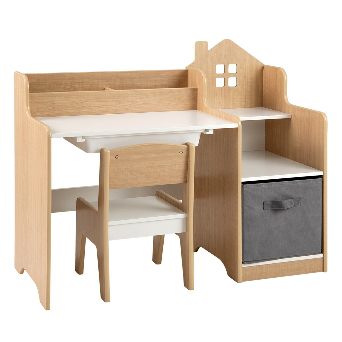 Juego de Mesa y Silla de Estudio para Niños Mesa Infantil con Estantes Abiertos Cajón y Contenedor de Tela Juego de Escritorio Natural Costway