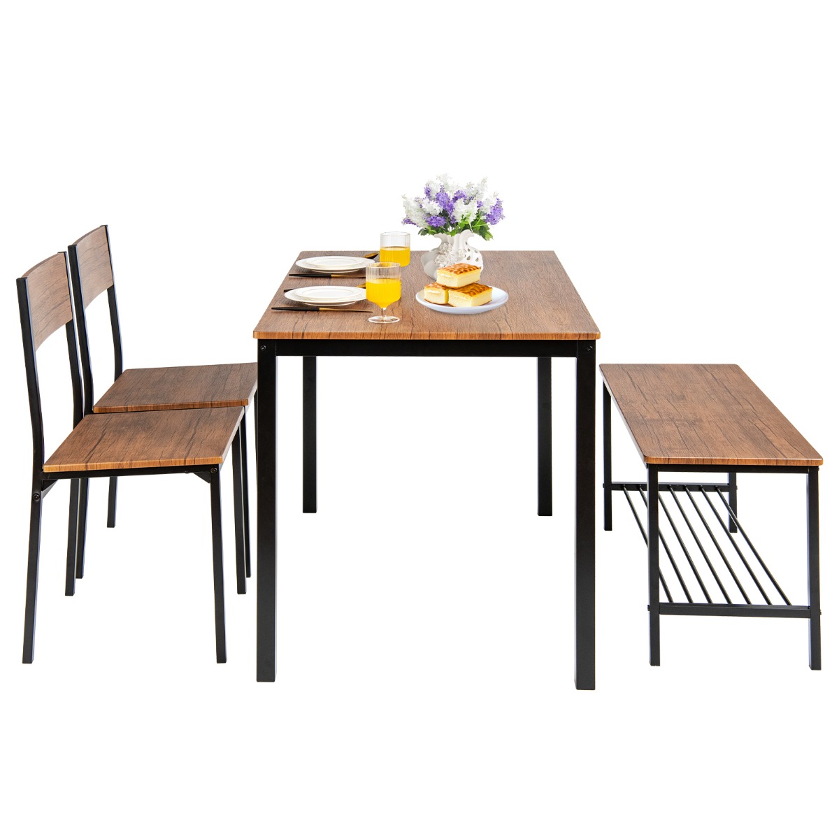 Juego de Mesa de Reunión Industrial con 2 Sillas y 1 Banco Marco de Metal y Estante-Marrón claro Costway