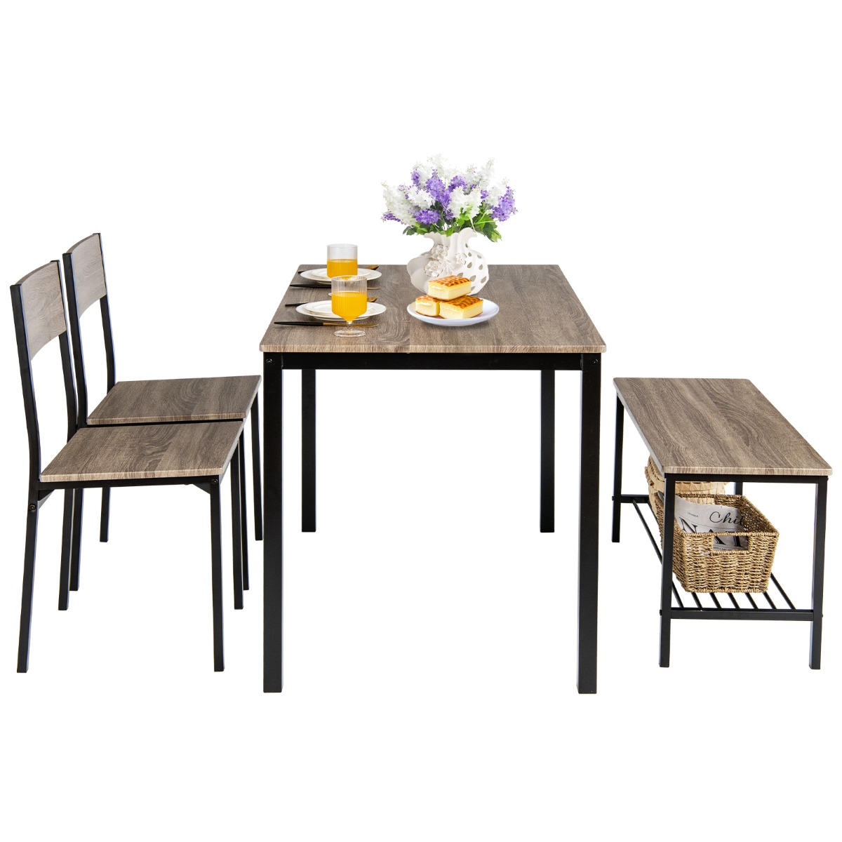 Juego de Mesa de Reunión Industrial con 2 Sillas y 1 Banco Marco de Metal y Estante-Gris Costway
