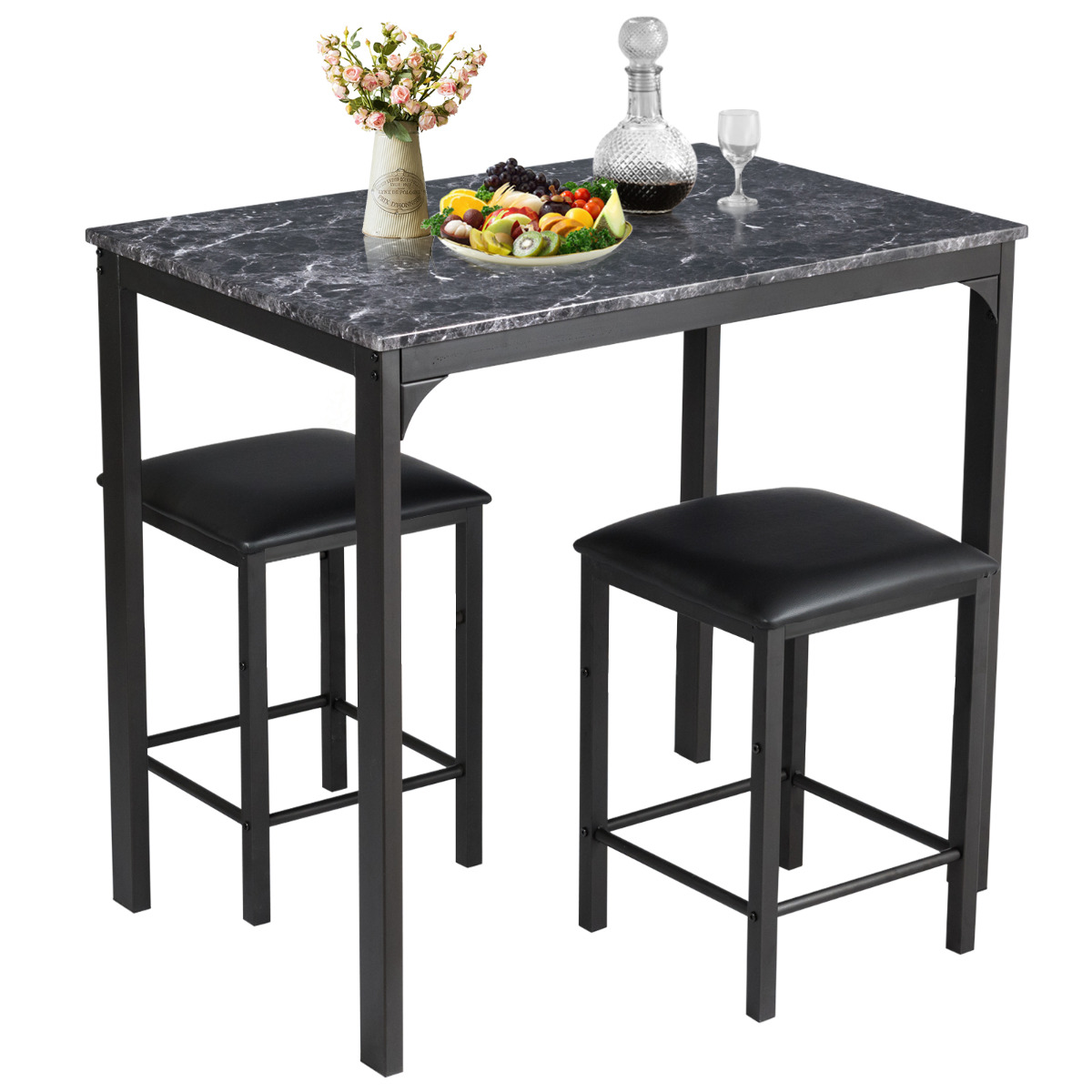 Juego de Mesa y Sillas de Comedor 3 Piezas Mesa de Cocina 2 Taburetes de Cuero Sintético Compacto para Bar Espacios Pequeños Negro Costway