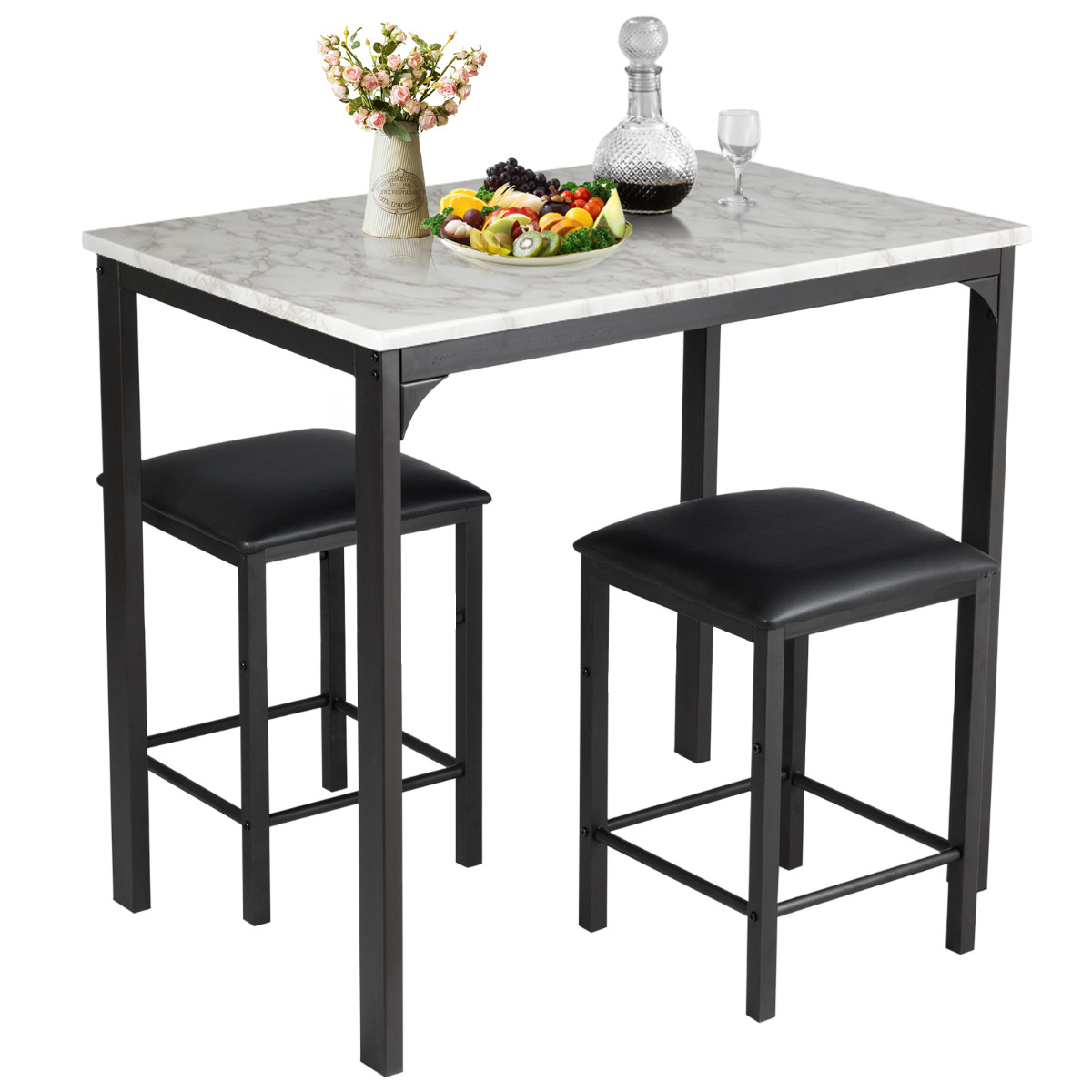 Juego de Mesa y Sillas de Comedor de 3 Piezas Mesa de Cocina 2 Taburetes de Cuero Sintético Compacto para Bar Espacios Pequeños Blanco Costway
