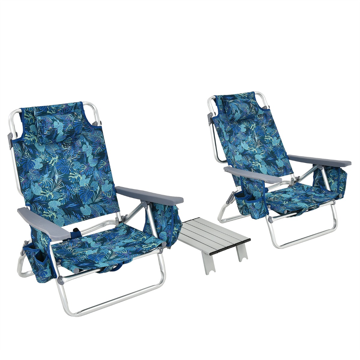 Juego de 2 Sillas Reclinables con Mesa de Camping Enrollable para Exteriores-Azul Costway