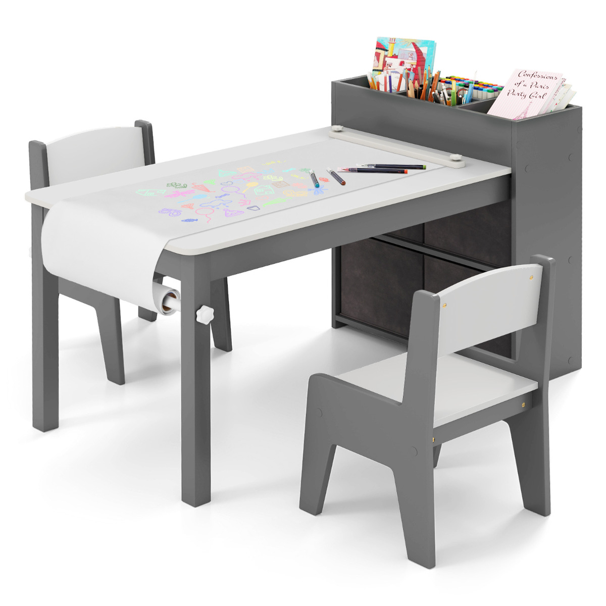 Juego de Mesa y Sillas para Niños Mesa de Dibujo con 2 Sillas Rollos de Papel Estantes Mesa de Actividades en Sala de Juegos Gris Costway