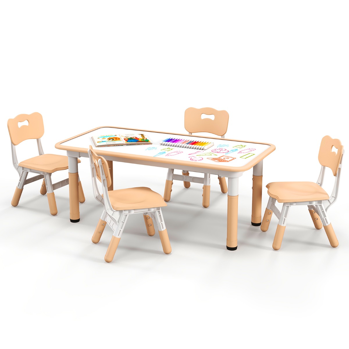 Juego de Mesa Infantil y 4 Sillas Escritorio Ajustable en Altura con Superficie de Graffiti Mesa Multiusos para Arte y Estudio Natural Costway
