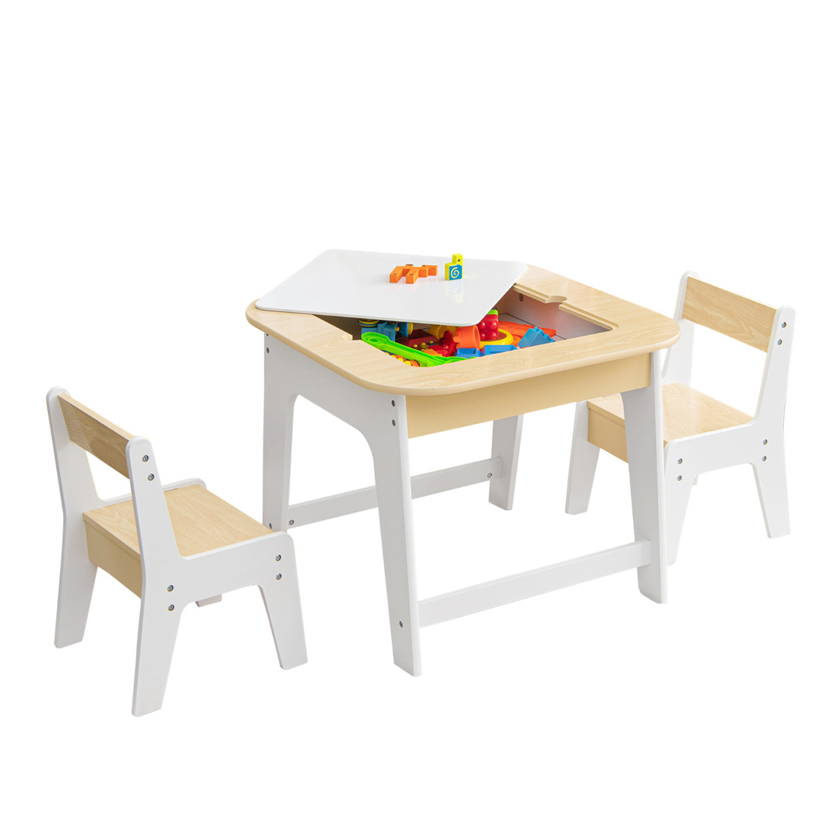 Juego de Mesa y Sillas para Niños Mesa de Actividades Infantil con Almacenamiento Oculto Set de Muebles para Arte Manualidades Natural Costway