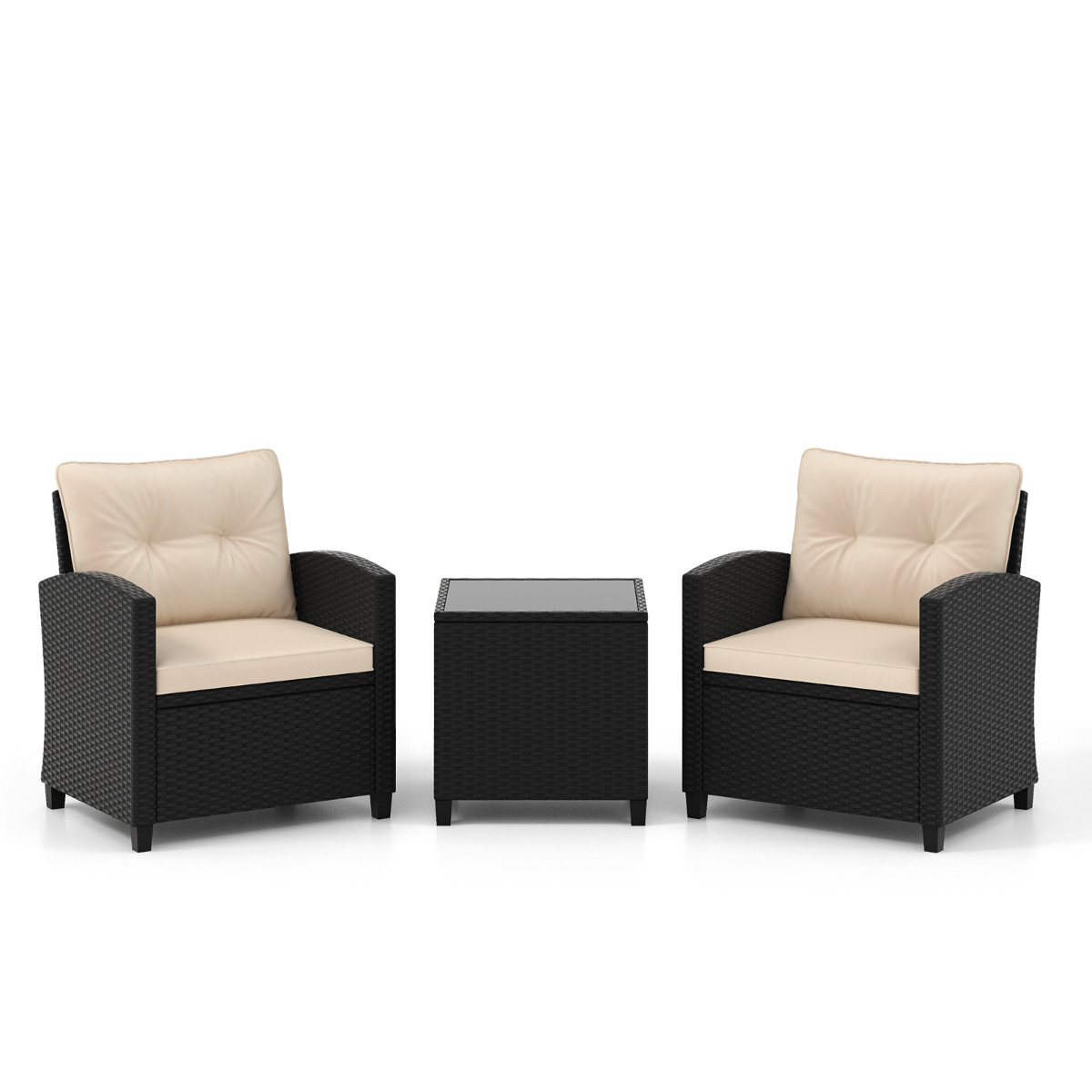 Juego de Muebles de Patio de 3 Piezas Set de Mueble de Ratán con Cojines de Asiento y Respaldo Mesa de Café de Vidrio Templado Marrón Costway