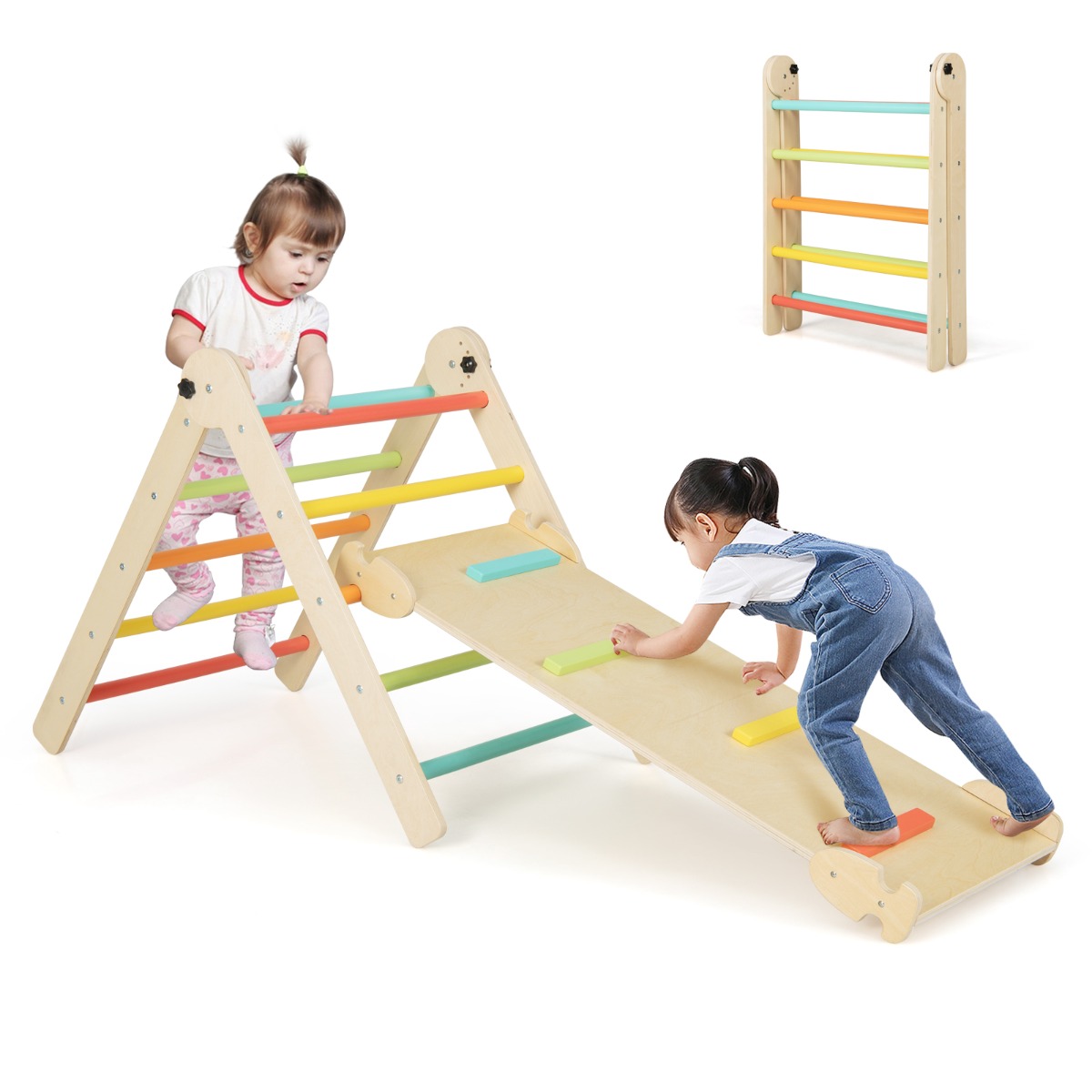Costway Juego de 3 en 1 Triángulos Plegables Ajustables en Altura para Niños Área de Juegos con Triángulo Rampa Deslizante de Escalada Multicolor
