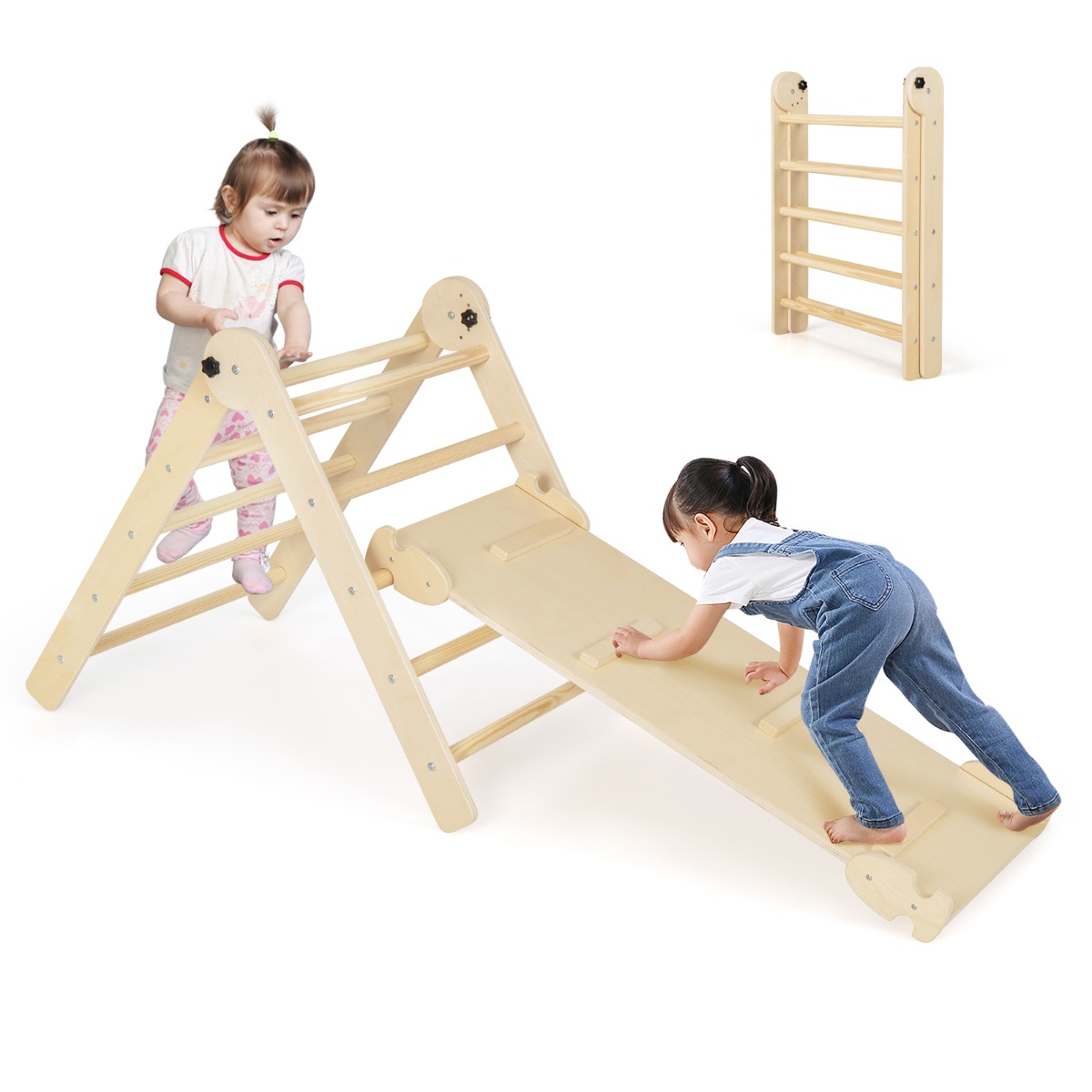 Costway Juego de 3 en 1 Triángulos Plegables Ajustables en Altura para Niños Área de Juegos con Triángulo Rampa Deslizante de Escalada Natural