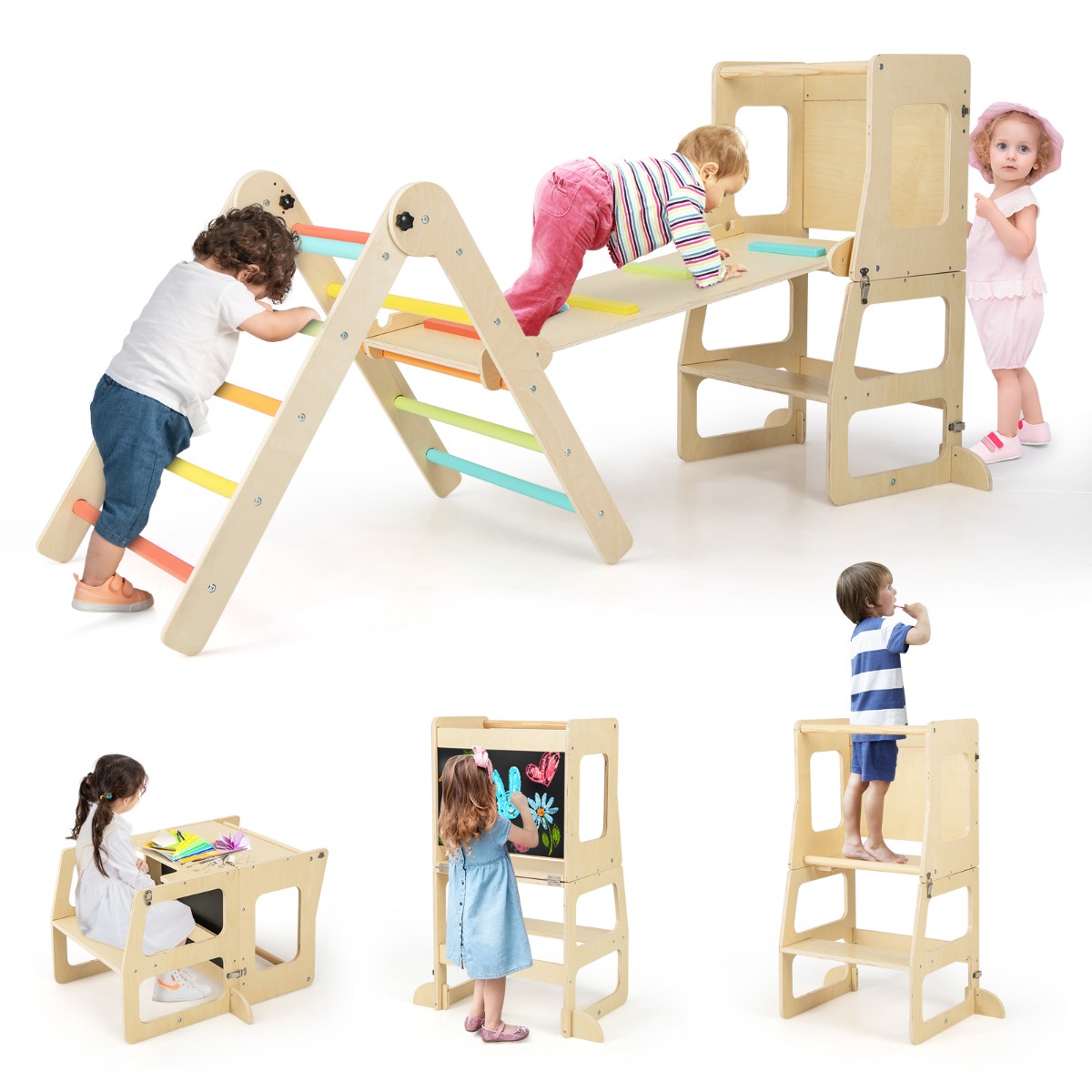 Juego de 7 en 1 Escalador Plegable para Niños de 3-14 Años con Rampa Reversible Taburete Convertible y Pizarra Divertida Multicolor Costway