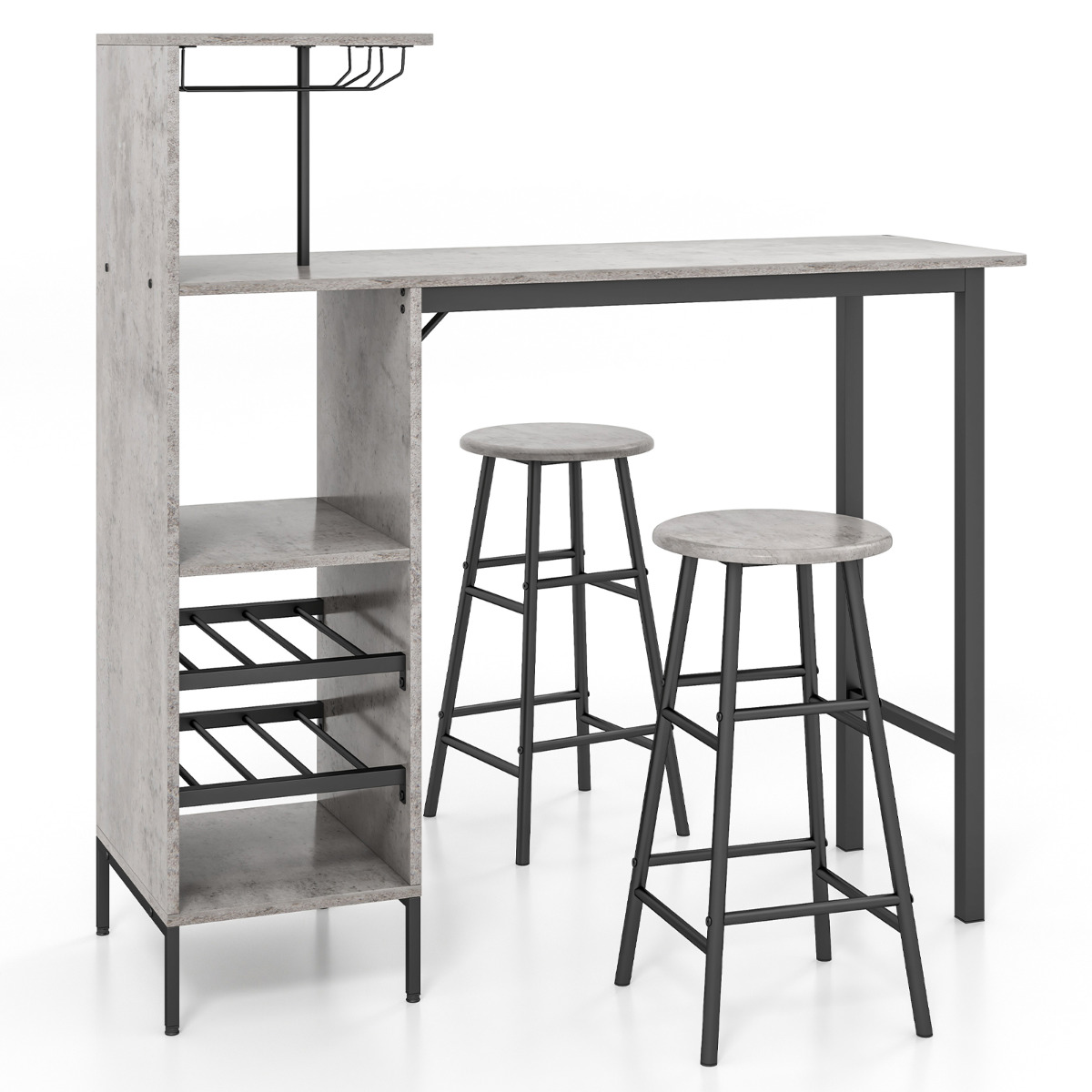 Juego de 3 Piezas Mesa y Sillas de Bar Mesa y Taburetes Industriales con Soportes para Copas Estantes para Comedor Cocina Gris Costway