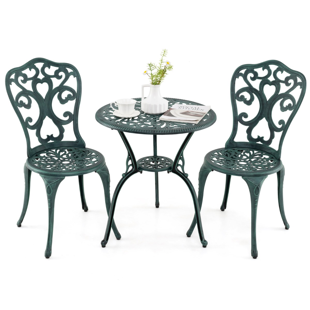 Juego de Bistró de 3 Piezas de Exterior Conjunto de Mesa y Sillas de Patio de Aluminio Fundido con Agujero para Sombrilla para Jardín Verde Costway