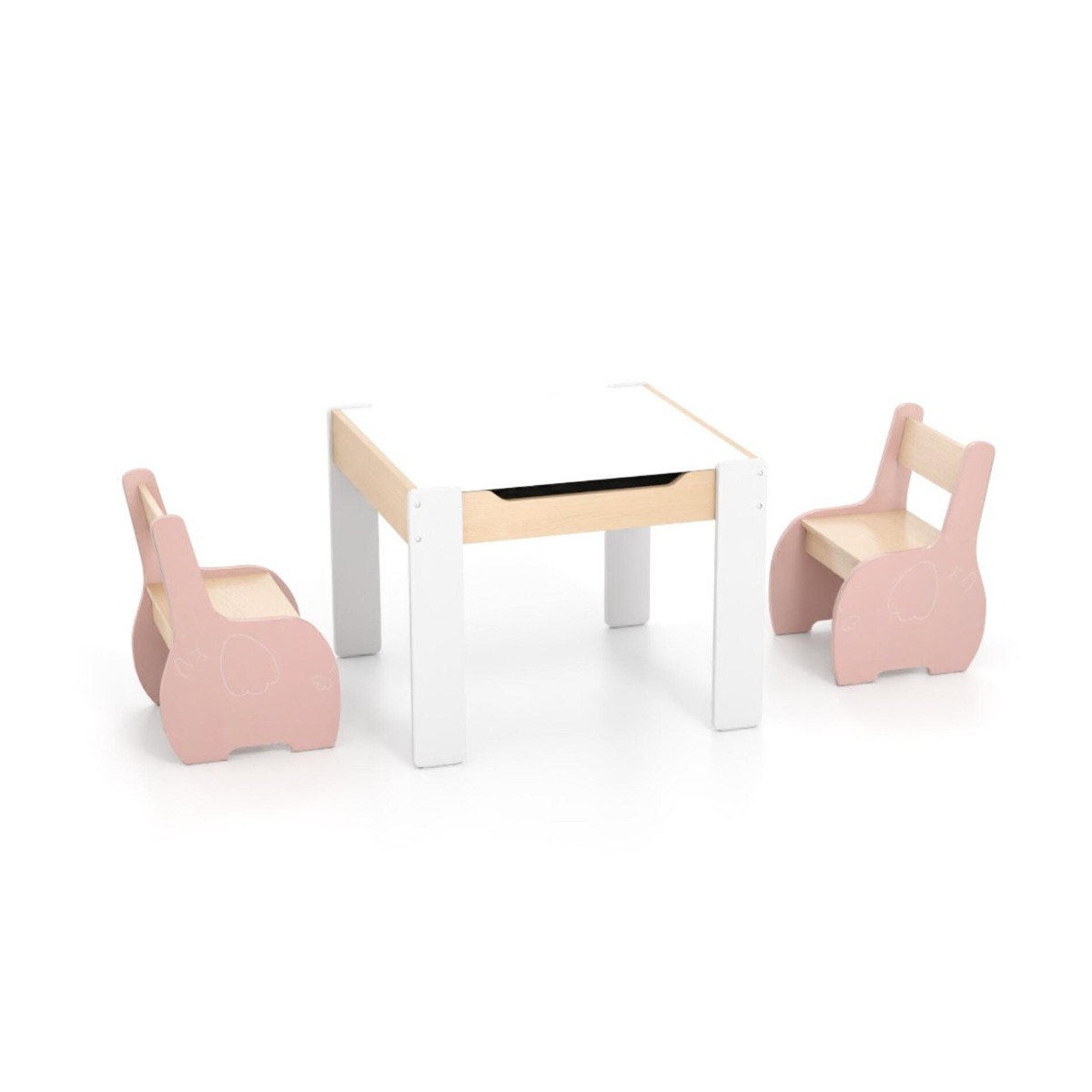 Juego de Mesa y 2 Sillas para Niños Mesa de Actividades de Madera 4 en 1 con Pizarra Desmontable para Sala de Juego Guardería Rosa Costway