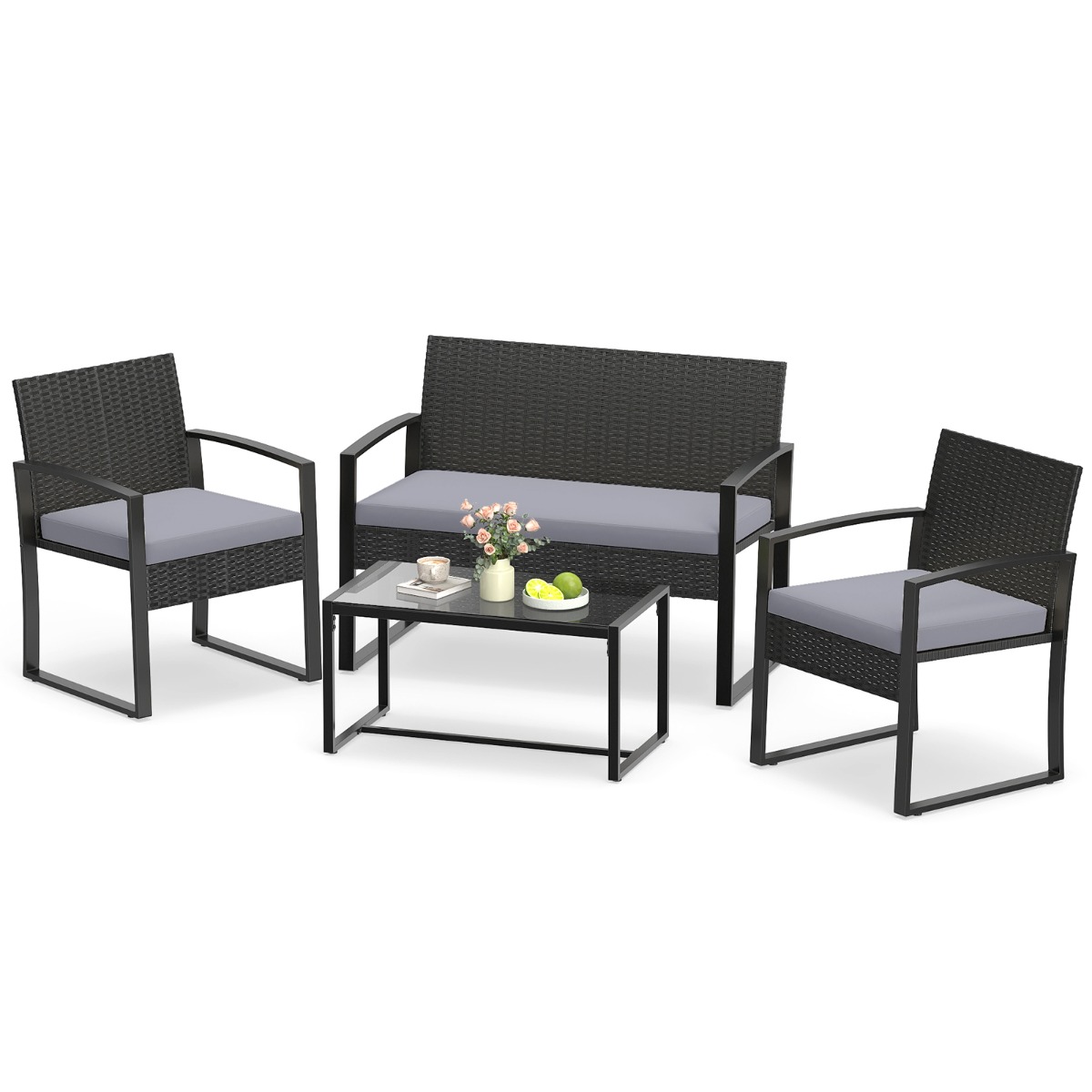 Costway Juego de Muebles de Jardín de 4 Piezas de Ratán PE Negro con Sofá de 2 Plazas 2 Sillones Mesa de Vidrio Templado y Cojines Color Gris para Terraza Pat