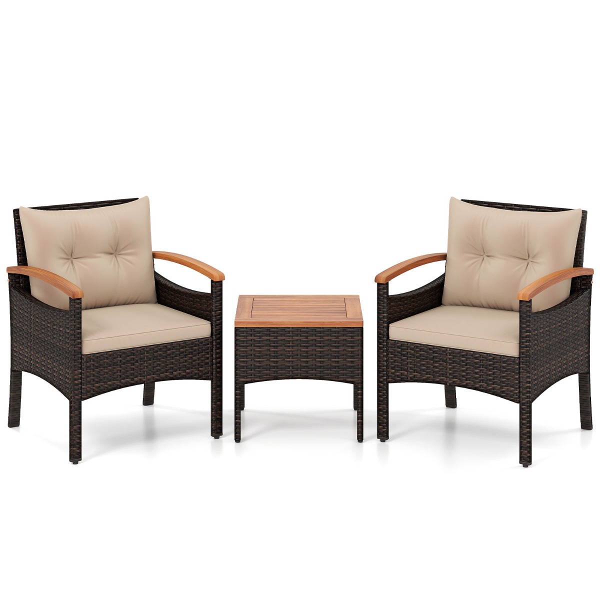 Juego de Bistró para Patio de 3 Piezas Sillas Mimbre Marrón Mixto con Brazos Mesa Auxiliar Tablero Madera Acacia Cojines Caqui Costway