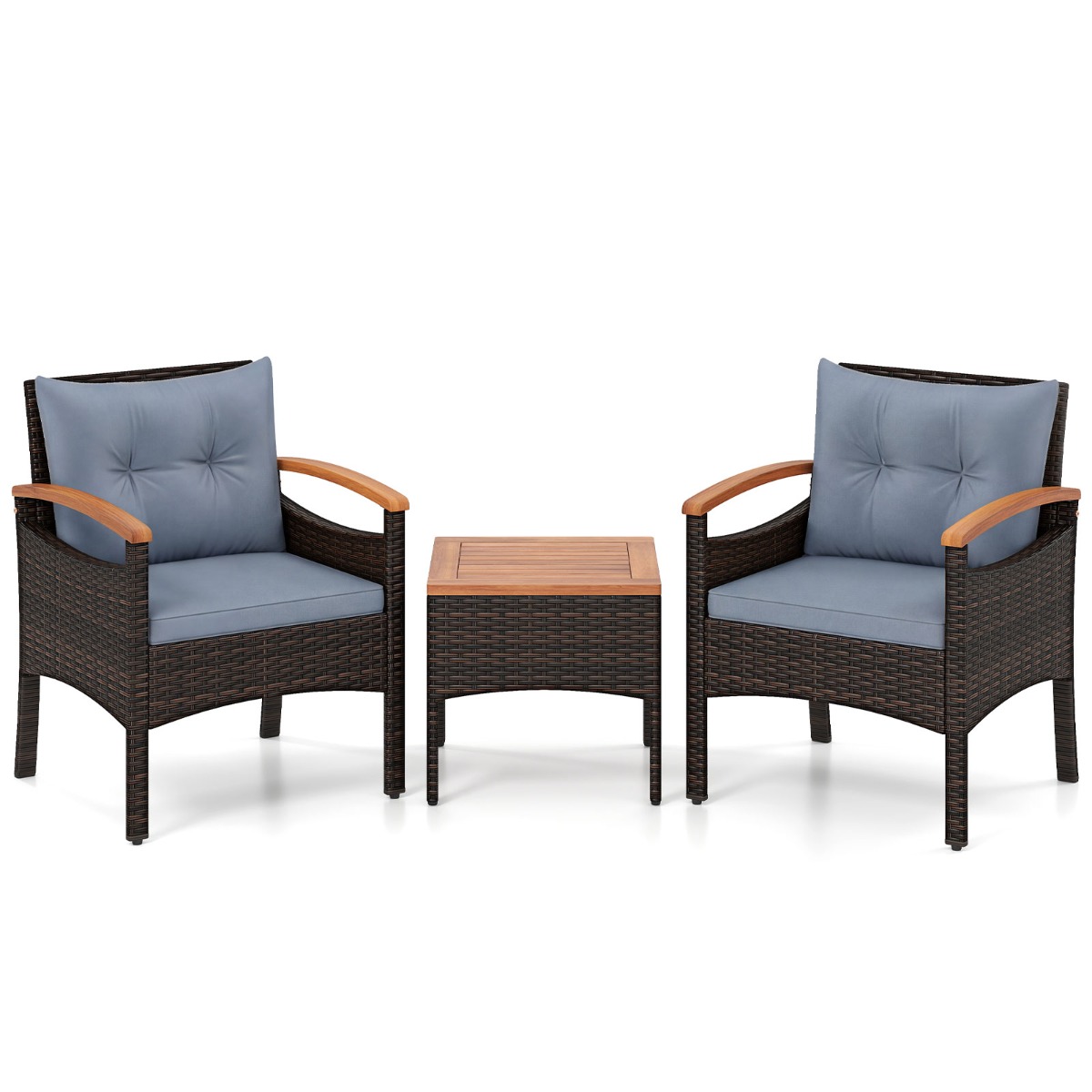Juego de Bistró de 3 Piezas para Patio de Mimbre y Ratán con Sillas con Brazos Mesa Auxiliar de Madera de Acacia y Cojines Libres de Flúor en Gris