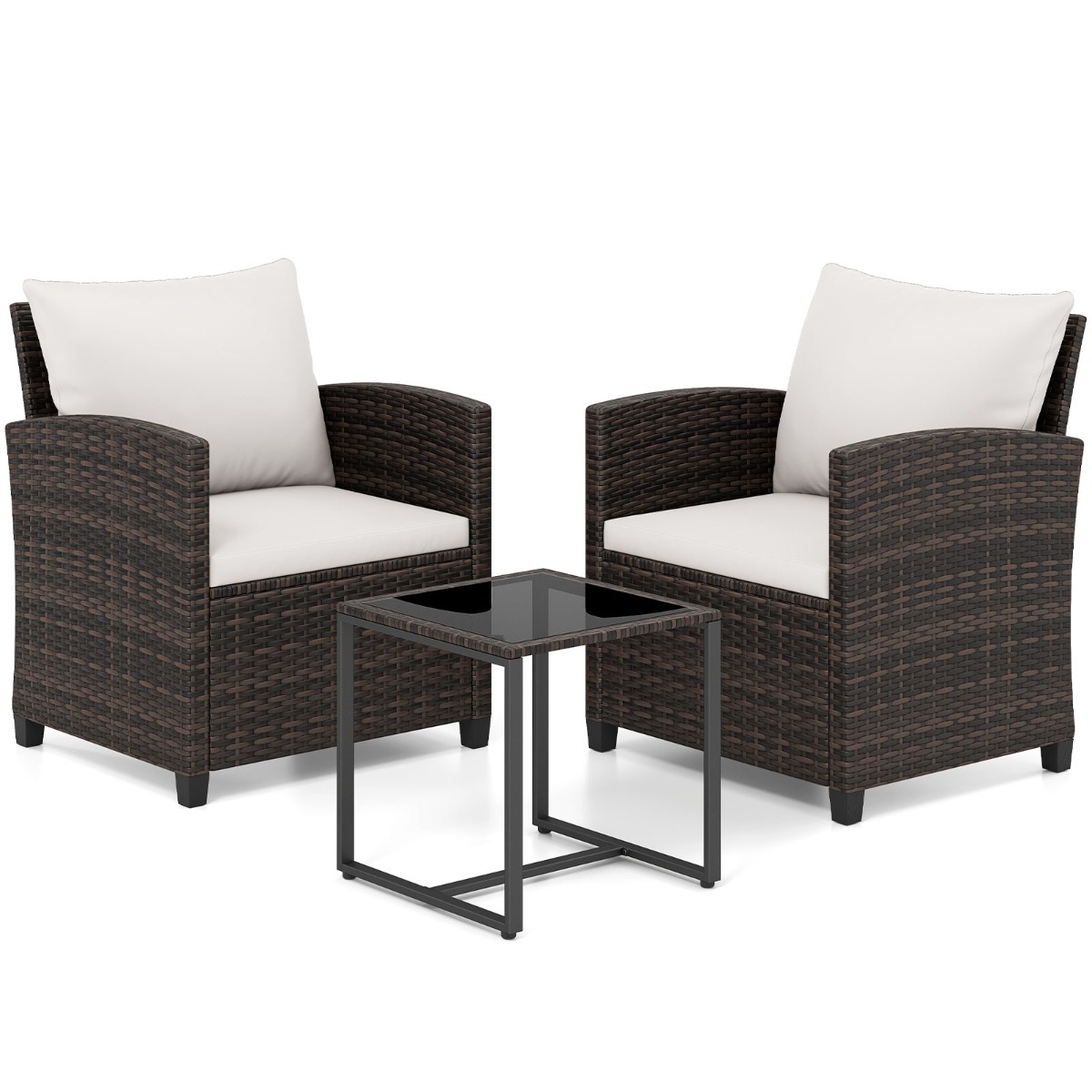 Costway Juego de 3 Muebles de Ratán Marrón para Exterior con 2 Sillas Mesa de Vidrio y Cojines Beige Funda Desmontable para Jardín Terraza o Piscina