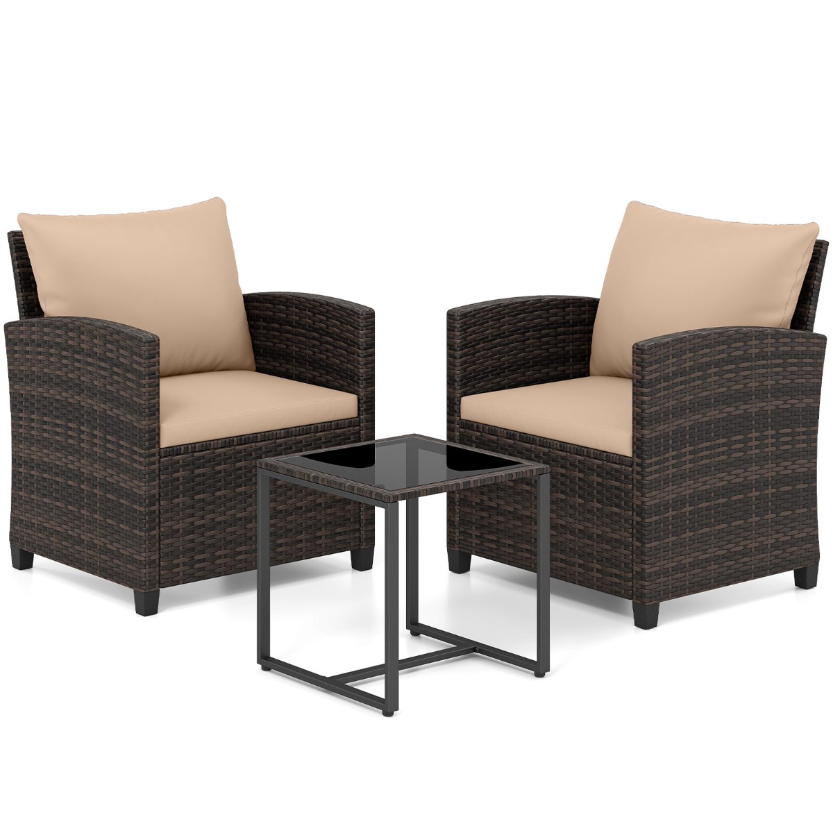 Costway Juego de 3 Muebles de Ratán Marrón para Exterior con 2 Sillas Mesa de Vidrio y Cojines Marrón Funda Desmontable para Jardín Terraza o Piscina