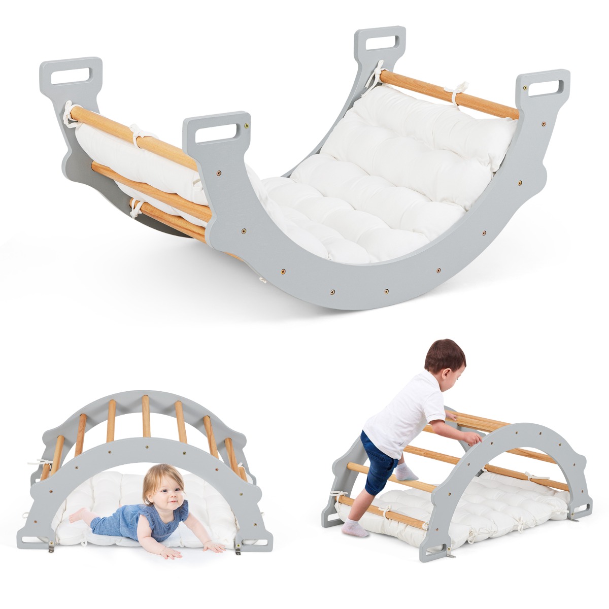 Juego de Arco de Escalada para Niños Arco de Escalada con Cojín Juguete Montessori de Escalada Arco de Mecedora de Madera Gris Costway