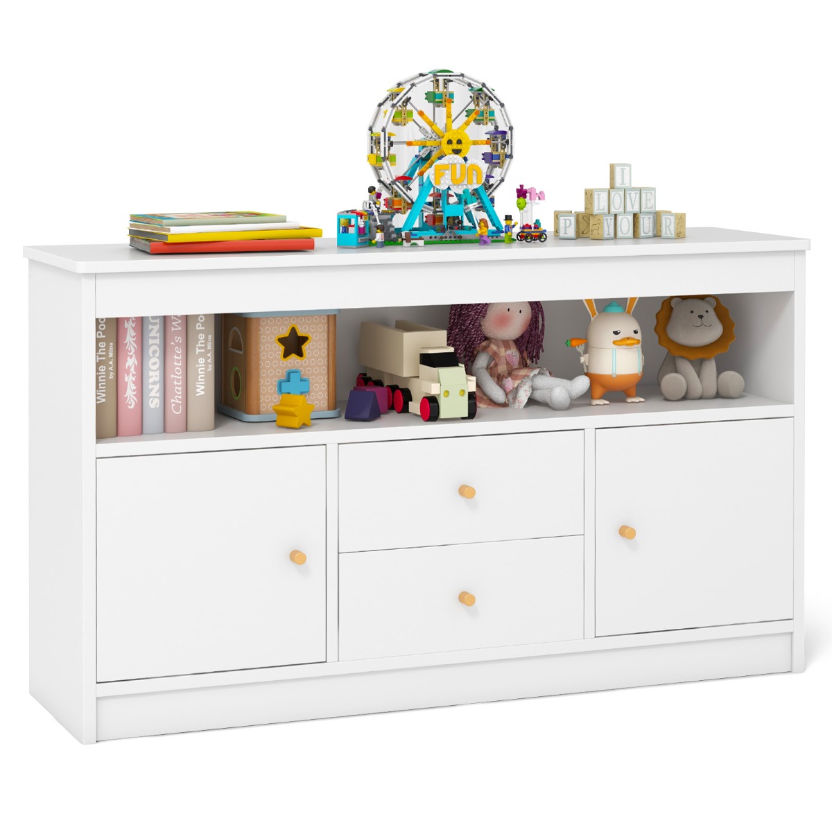 Organizador de Juguetes para Niños Librero Estante Abierto 2 Cajones 2 Puertas Mueble Multifuncional para Sala de Juegos Dormitorio Blanco Costway