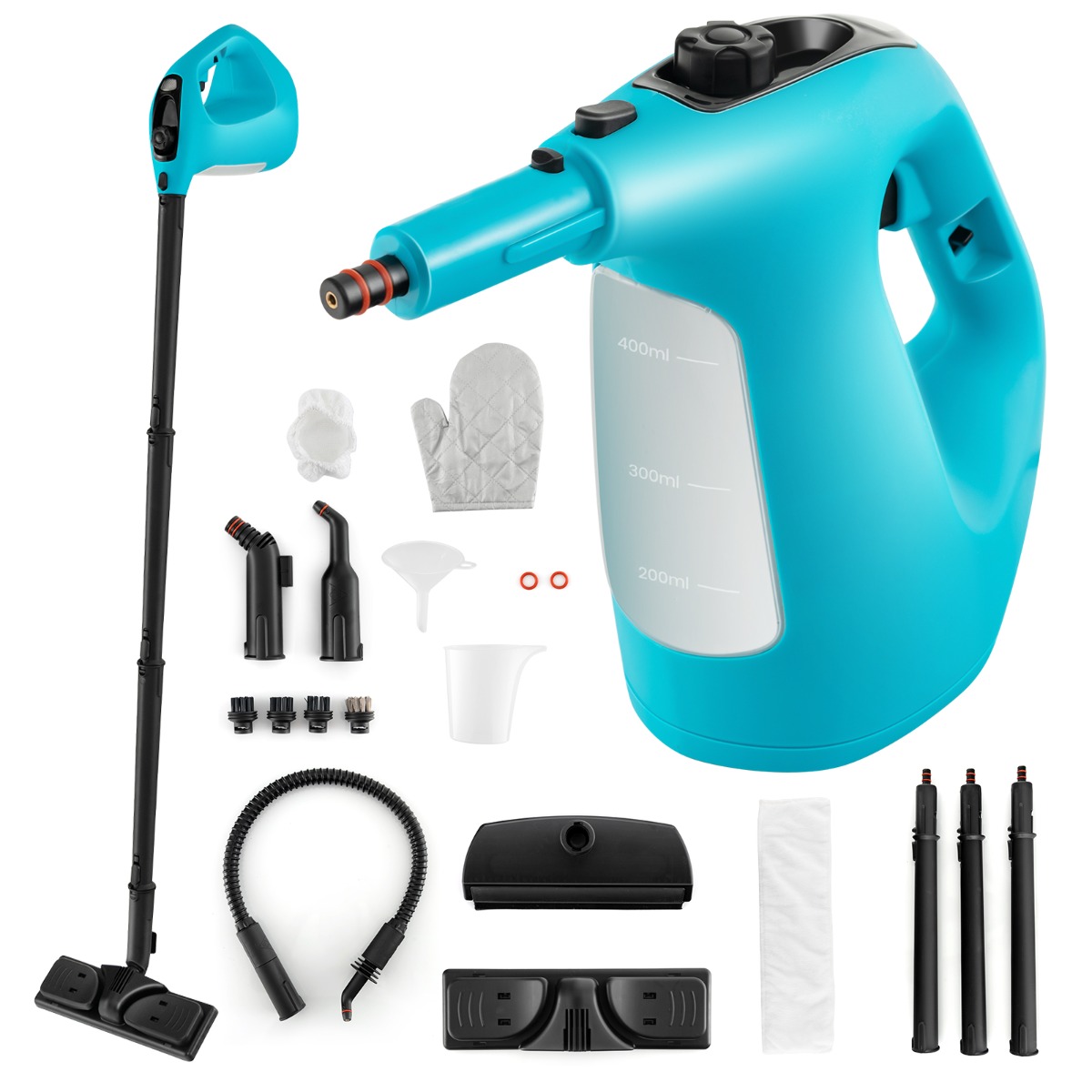 Limpiador a Vapor Portátil Presurizado de 1500W con Vapor Continuo Tanque de Agua de 400 ML Bloqueo Infantil Kit de Accesorios Azul Costway