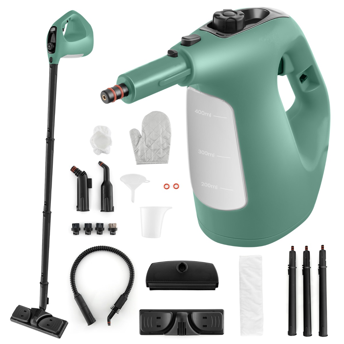 Limpiador a Vapor Portátil Presurizado de 1500W con Vapor Continuo Tanque de Agua de 400 ML Bloqueo Infantil Kit de Accesorios Verde Costway