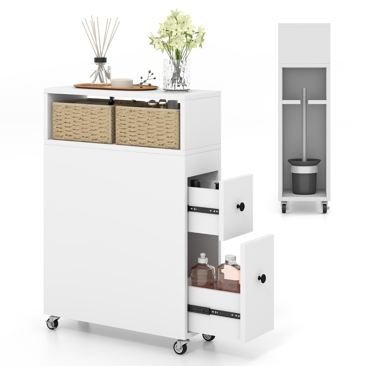 Mueble Estrecho Móvil de Baño con Ruedas Armario con Cajones Deslizantes Extraíbles Cestas de Mimbre Porta Escobilla 50 x 19 x 72 cm Blanco Costway