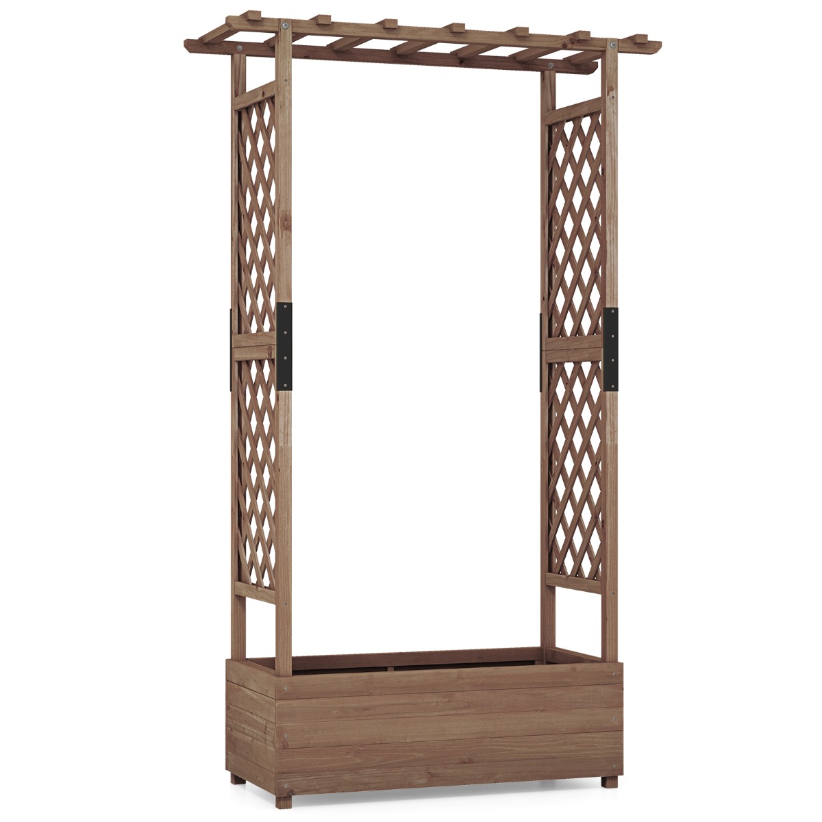 Jardinera Elevado de Madera con Enrejado de Arco Techo Colgante Macetero Orificio de Drenaje Contenedor para Patio Marrón Costway
