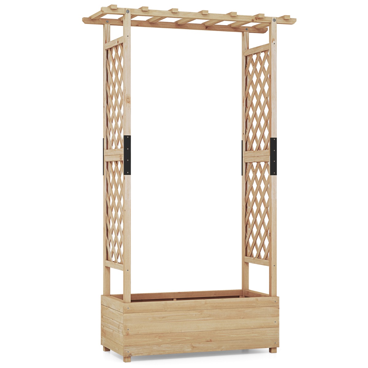 Jardinera Elevado de Madera con Enrejado de Arco Techo Colgante Macetero Orificio de Drenaje Contenedor para Patio Costway
