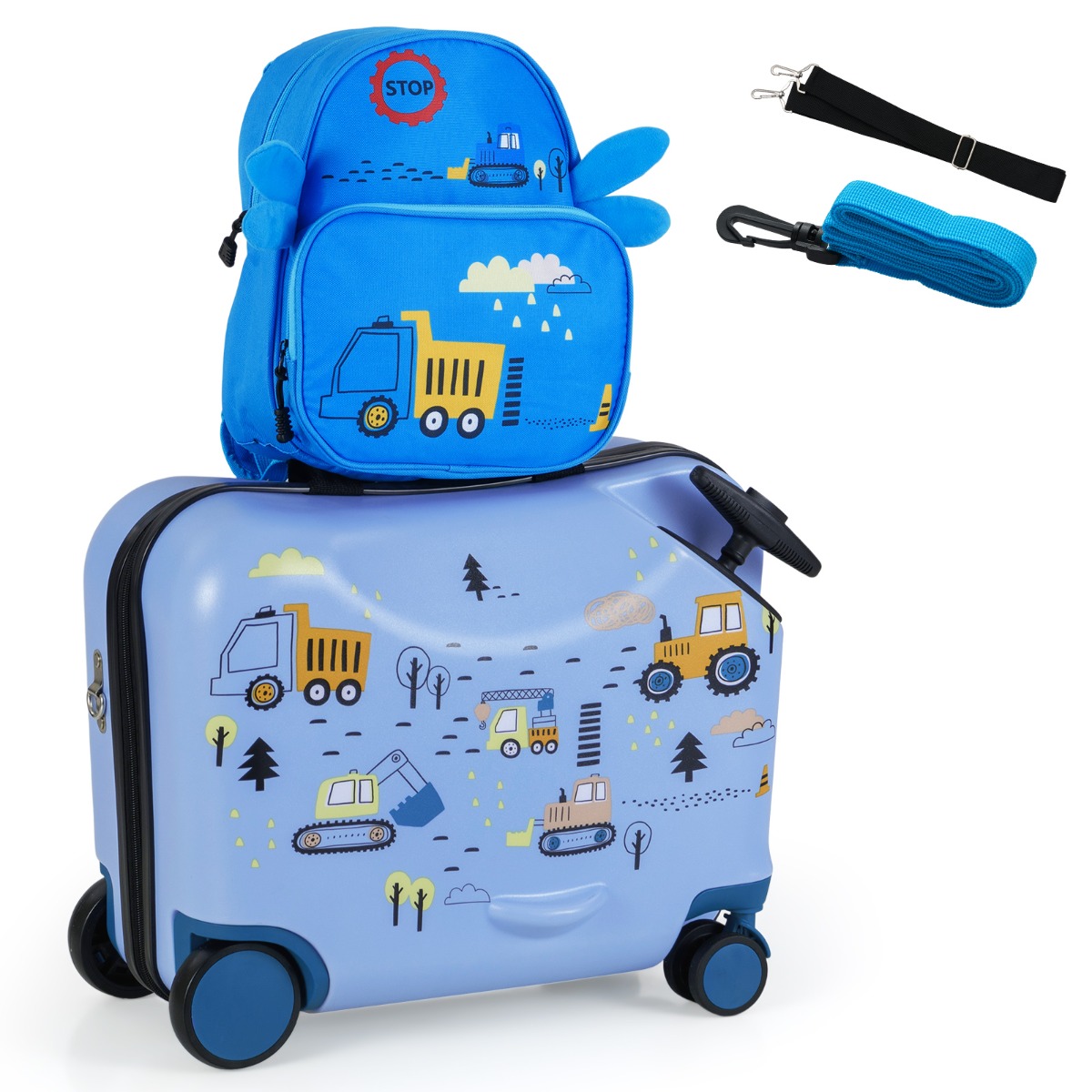 Set de Equipaje para Niños de 2 Piezas con Cuerda Anti-Perdida Varilla Retráctil Correa Ajustable Equipaje de Carro Duro con Ruedas Azul Costway