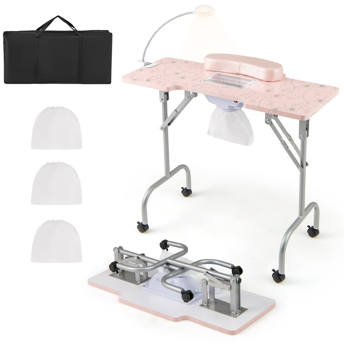 Mesa de Manicura Plegable con Colector de Polvo Eléctrico Lámpara LED 4 Ruedas con Freno 90 x 40 x 77 cm Rosa Costway