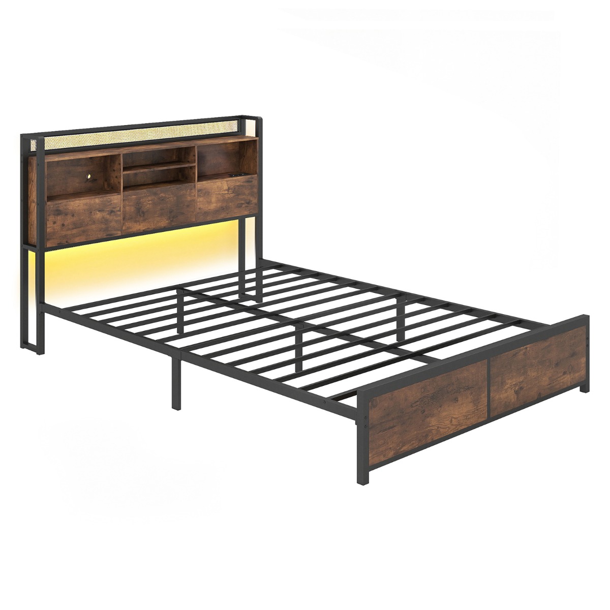 Costway Marco de Cama con Luces LED y Carga Cama Industrial Metálica con Cabecero Piecero Almacenaje Listones 140/160x200cm