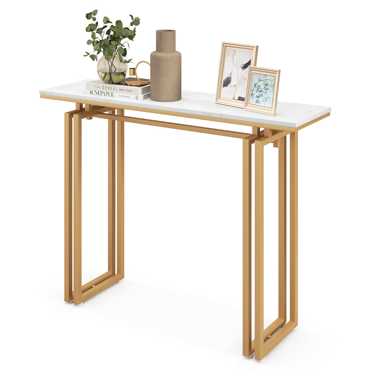 Mesa Consola Moderna con Tablero de Falsa Mármol y Estructura de Metal Mesa Larga Lateral para Sala Pasillo Entrada 110 x 30 x 81 cm Dorado Costway