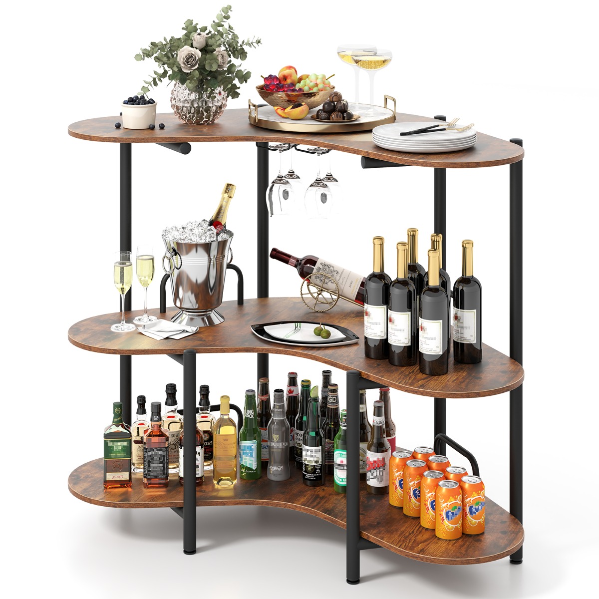 Mesa de Bar con Soportes para Copas y Estantes ini Bar Industrial con Marco Metálico 120 x 66 x 102 cm-Marrón Costway